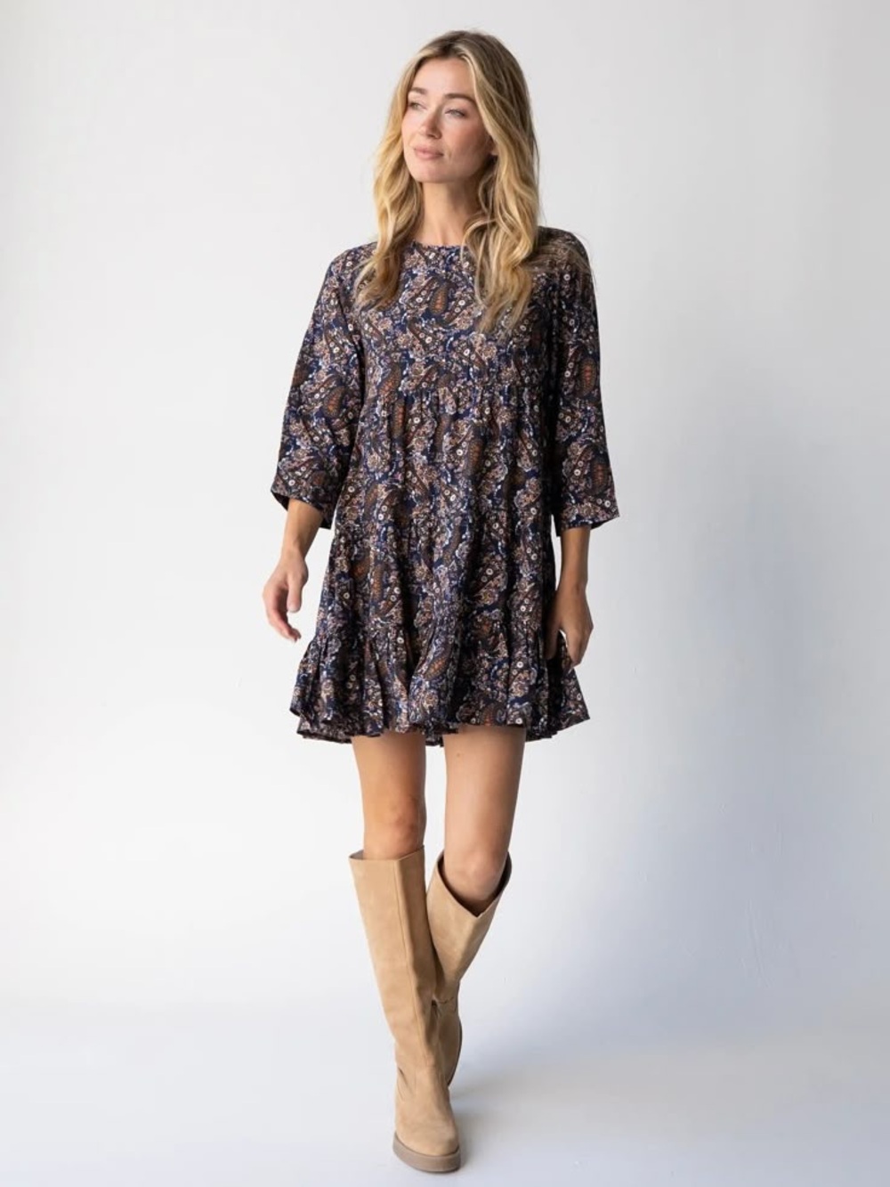 Natural Life Fall Boho Floral Ruffle Cottagecore Heidi Mini Dress Navy Paisley